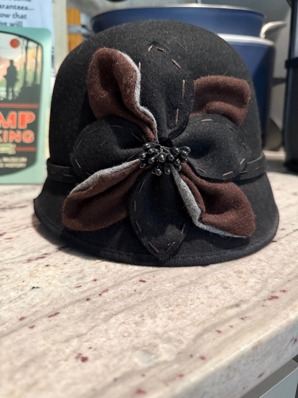 Black Felt Cloche Hat with Brown Flower Accent and Handstiching